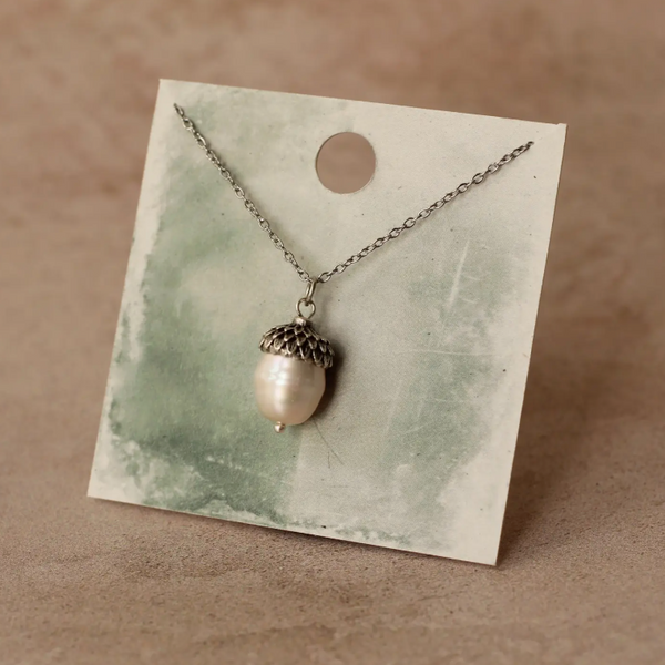 Silk Purse, Sow's Ear Freshwater Pearl Silver Acorn Necklace on Card