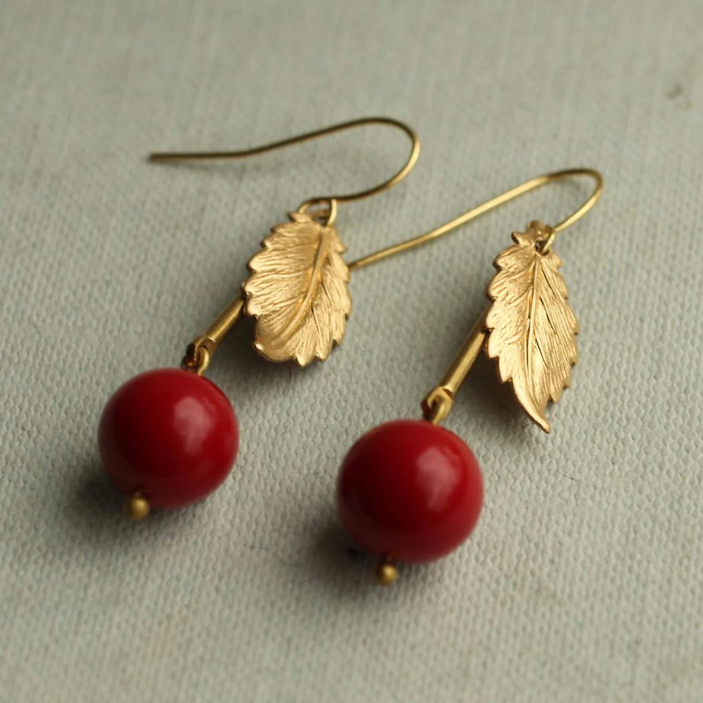 Silk Purse, Sow's Ear Single Leaf Red Cherry Earrings