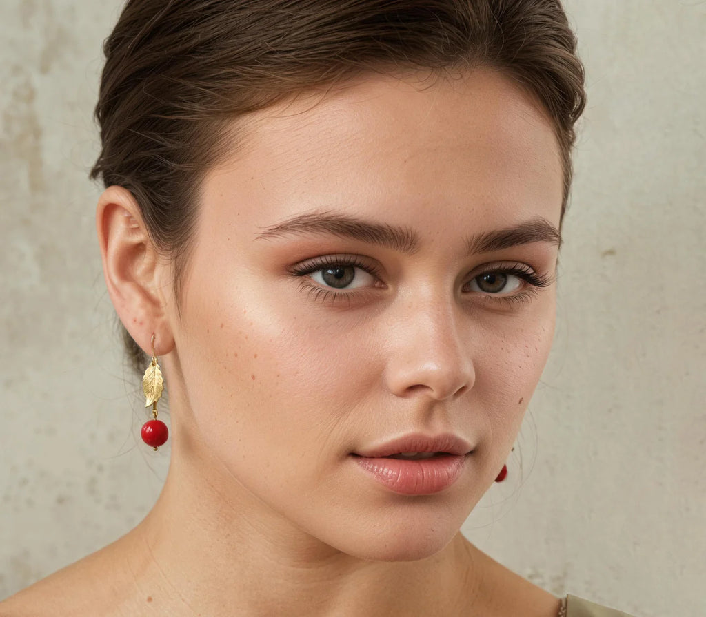 Silk Purse, Sow's Ear Single Leaf Red Cherry Earrings in ear