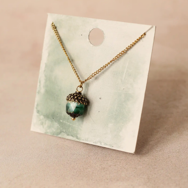 Silk Purse, Sow's Ears Peacock Blue Gold Acorn Necklace on card