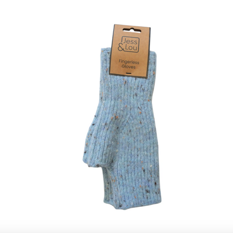 Sky Blue Speckle FIngerless Gloves, A pair of light blue fingerless knit gloves with small multicolor flecks, attached to a brown paper hanger label that reads 'Jess & Lou Fingerless Gloves'.