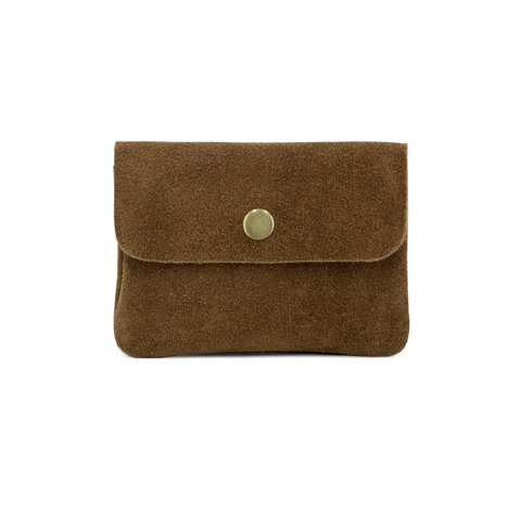 Small Suede Leather Button Purse - Brown