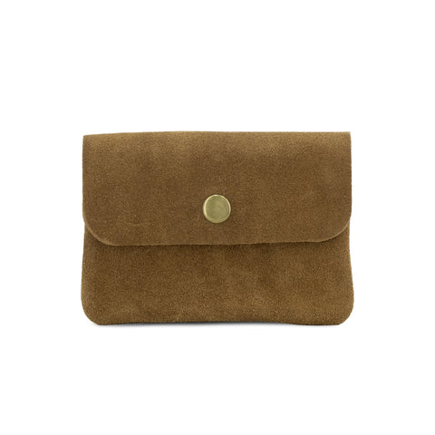 Small Suede Leather Button Purse - Dark Tan