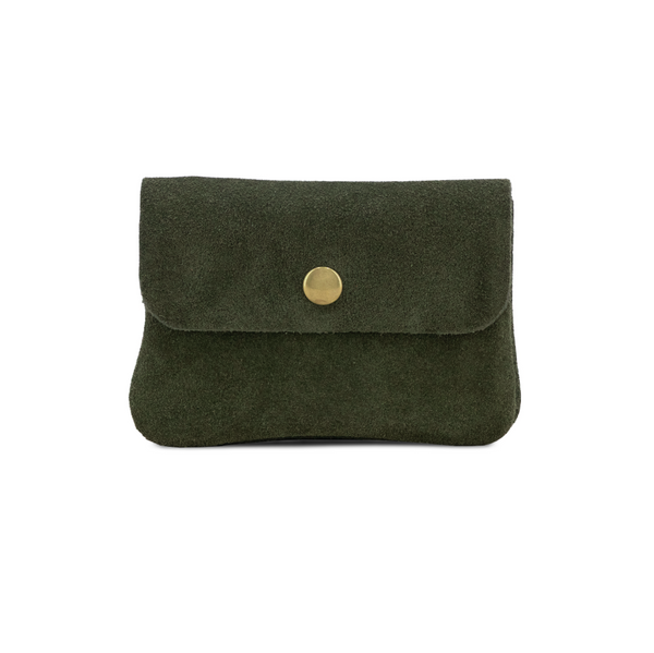 Small Suede Leather Button Purse - Olive Green