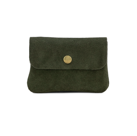 Small Suede Leather Button Purse - Olive Green