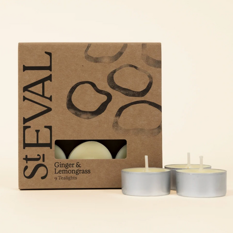 St Eval Ginger & Lemongrass tealights with packaging on a beige background