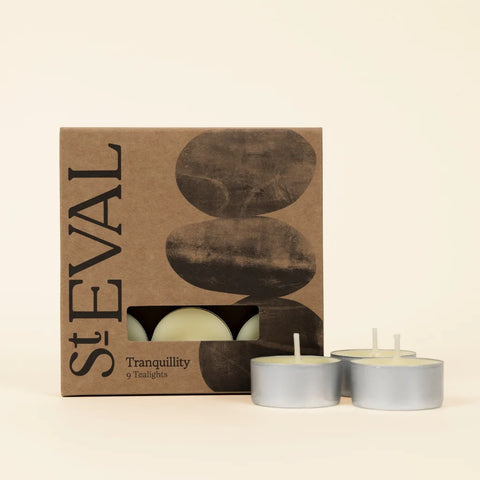 St Eval Tranquillity tea lights with packaging on a beige background