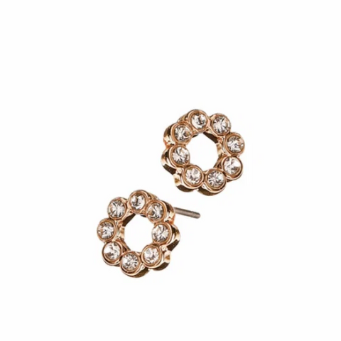 Rose gold hoop earrings with clear gemstones on a white background