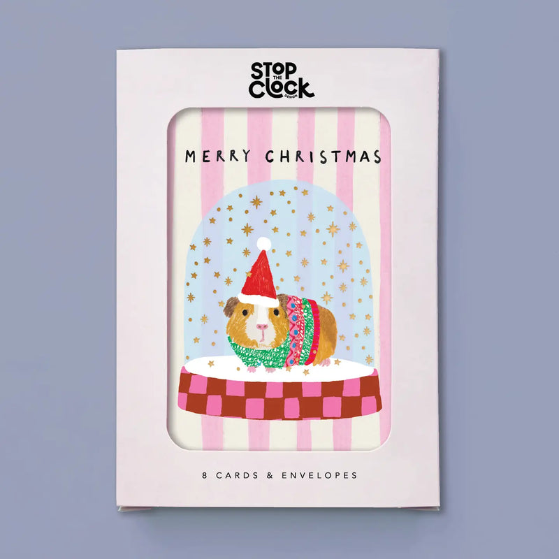 Stop The Clock Pack of 8 Christmas Cards - Merry Christmas Guinea Pig Snowglobe