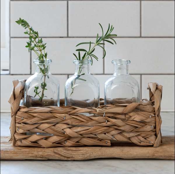 Straw Basket with 3 Glass Bottles 