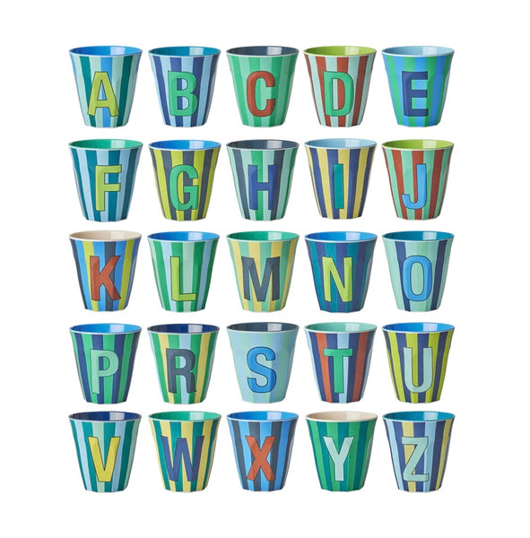 A collection of melamine cups with blue stripes and letters of the alphabet printed on them.