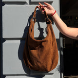 Suede Leather Slouchy Bag  - Brown