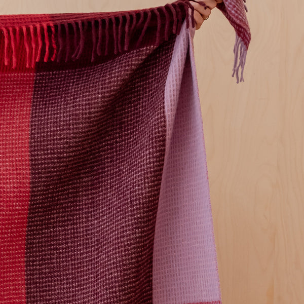 A close-up of a woven throw blanket with fringe, held by a hand against a light wood panel background. The blanket features a color-blocked pattern of deep burgundy, dark red, and dusty lavender-purple.