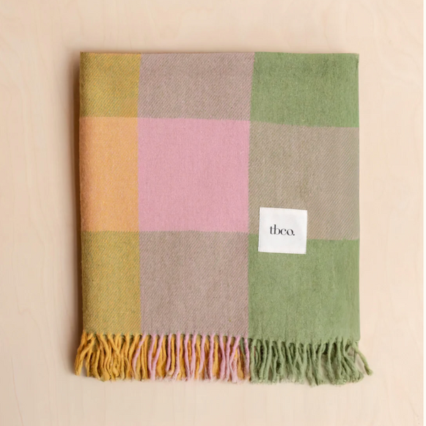 Tbco Lambswool Blanket in Green Block Check folded