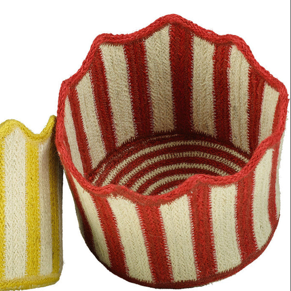 Two small woven baskets with scalloped edges, one yellow and white striped and one red and white striped, shown on a plain white background.