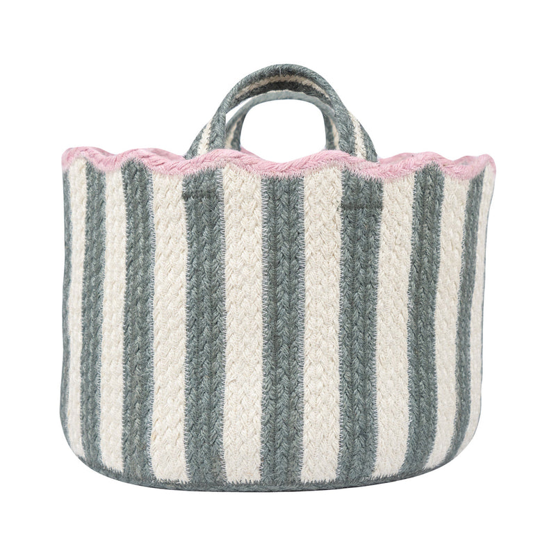Striped fabric basket with pink trim on a white background