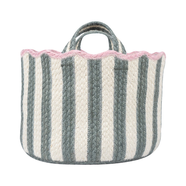 Striped fabric basket with pink trim on a white background