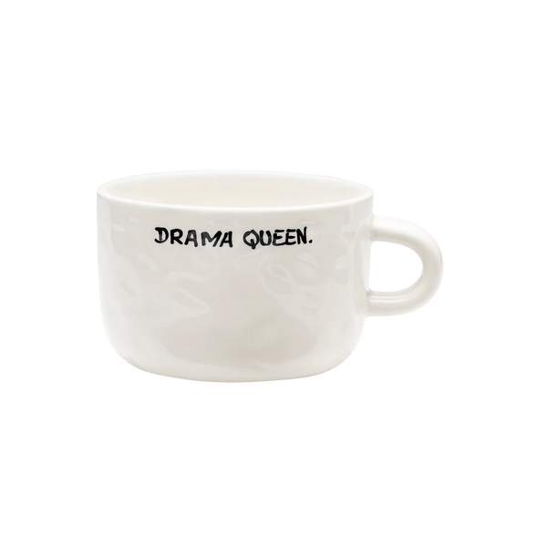 White mug with 'Drama Queen' text on a white background
