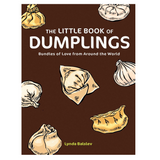 The front cover of the book 'The Little Book of Dumplings' by Lynda Balslev, featuring a dark brown background with white and beige line-art illustrations of various dumplings.