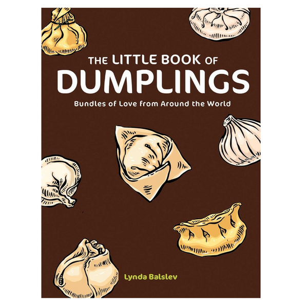 The front cover of the book 'The Little Book of Dumplings' by Lynda Balslev, featuring a dark brown background with white and beige line-art illustrations of various dumplings.