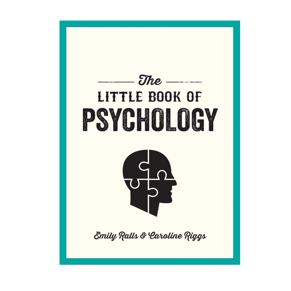 Book cover for 'The Little Book of Psychology' by Emily Ralls & Caroline Riggs, featuring a black puzzle head silhouette on an off-white background with a teal border, shown within a screenshot interface.