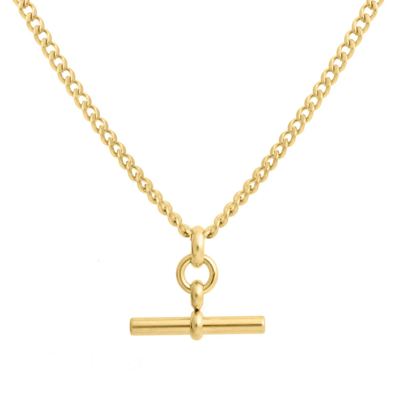 Gold necklace with a cylindrical pendant on a white background