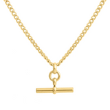 Gold necklace with a cylindrical pendant on a white background