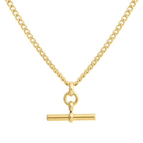 Gold necklace with a cylindrical pendant on a white background