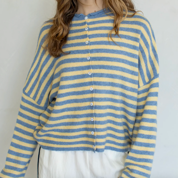 Things Between Striped Piper Cardigan- Light Blue Butter style