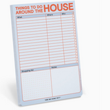 Notepad titled 'Things to do around the house' with columns for 'What', 'Where', 'Who', and sections for 'Shopping list' and 'Notes'.