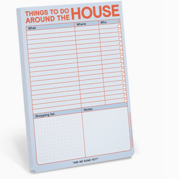 Notepad titled 'Things to do around the house' with columns for 'What', 'Where', 'Who', and sections for 'Shopping list' and 'Notes'.