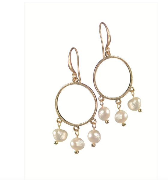 Tryptich of Pearls Earrings - Pearl/Worn Gold