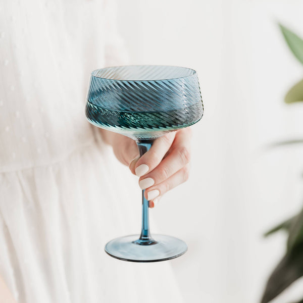 Twist Champagne Coupe Glass - Blue or Green (Close Up)