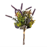 Bouquet of artificial flowers with lavender, eucalyptus, and other greenery on a white background