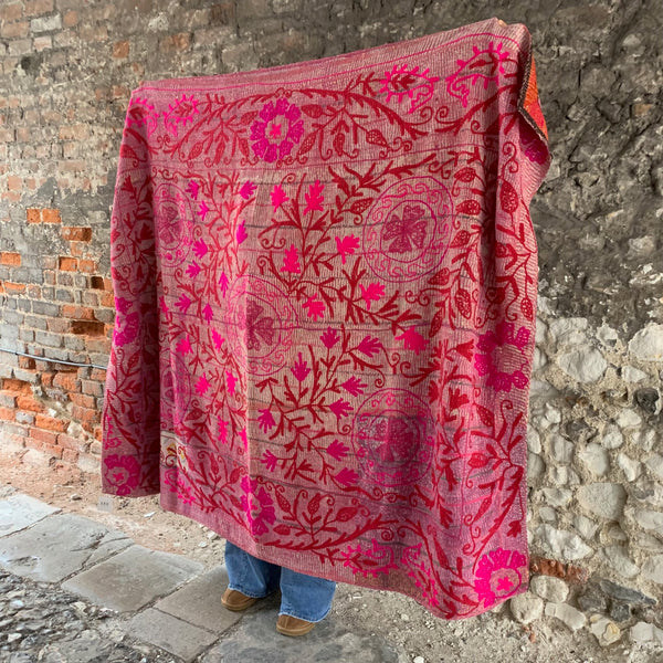 Vintage Embroidered Pink Kantha Throw