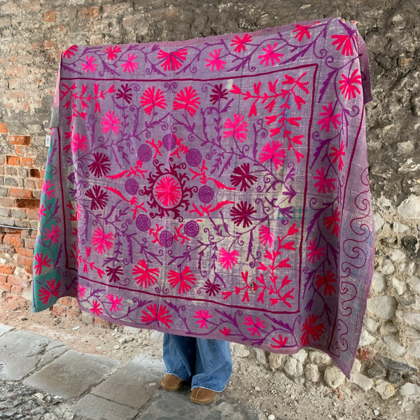 Vintage Embroidered Pink & Purple Kantha Throw