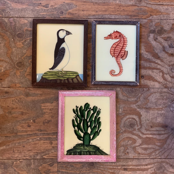 Vintage Glass Framed Painting Animals Wildlife - Medium