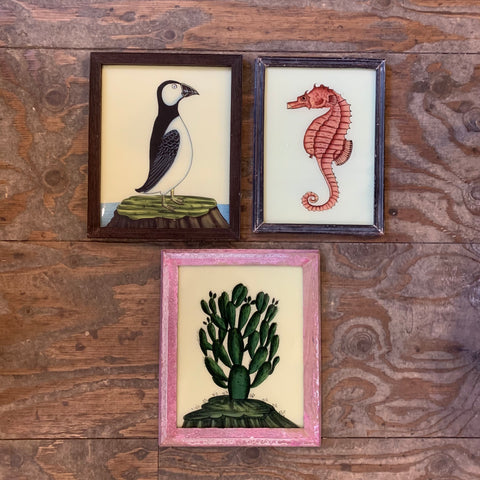 Vintage Glass Framed Painting Animals Wildlife - Medium