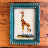 Vintage Glass Framed Painting - Rough Blue Frame Giraffe print picture 