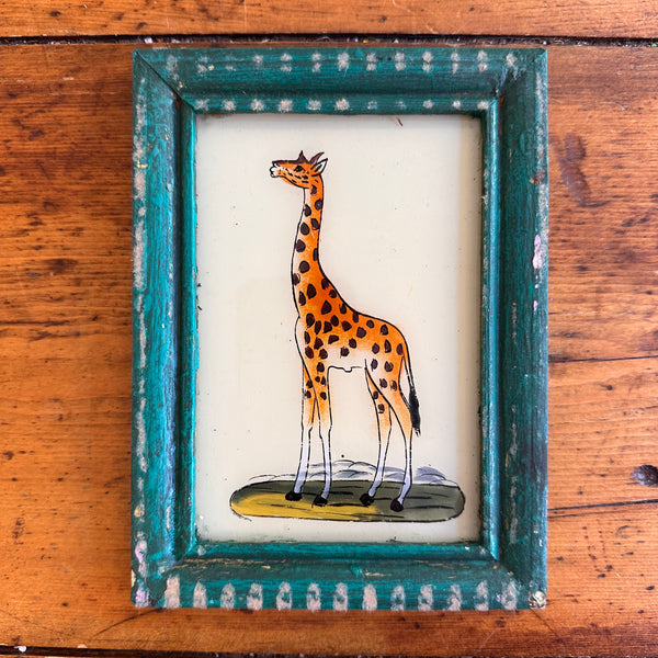 Vintage Glass Framed Painting - Rough Blue Frame Giraffe print picture 