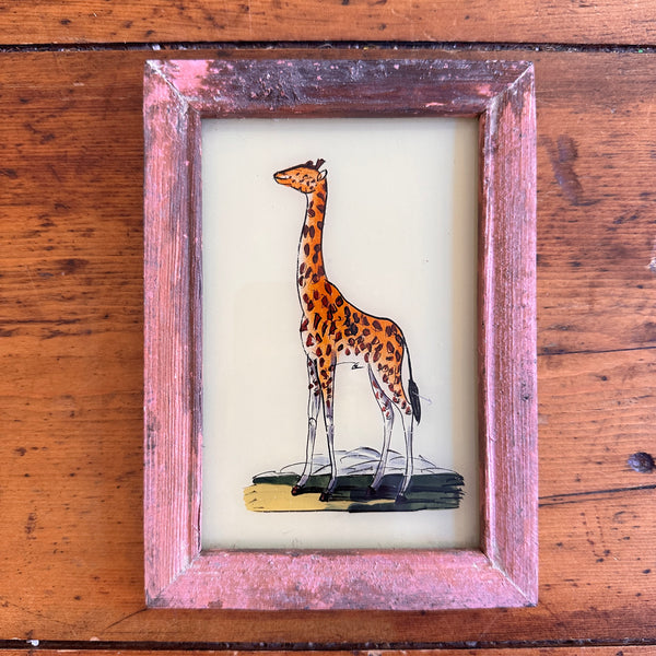 Vintage Glass Framed Painting - Rough Pink Frame Giraffe print picture 