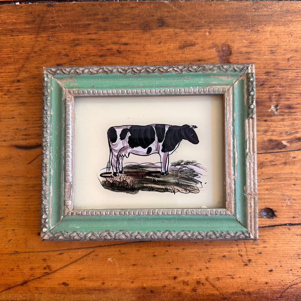 Vintage Glass Framed Painting Animals - Cow mini