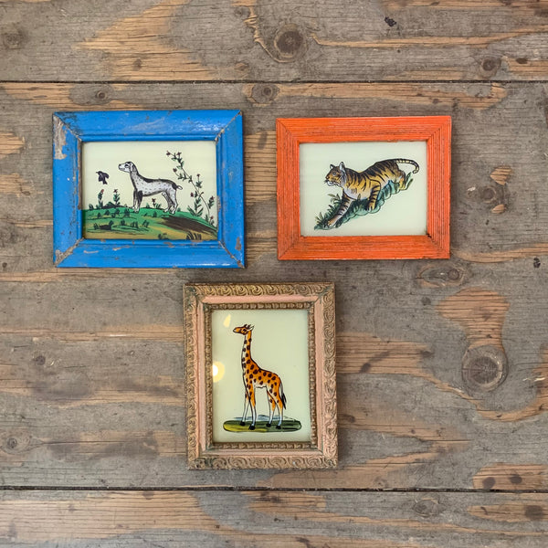 Vintage Glass Framed Painting Animals - Mini