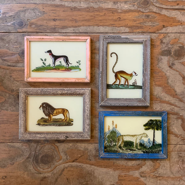Vintage Glass Framed Painting Animals - 