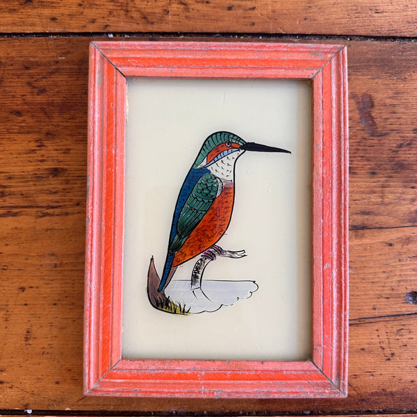 Vintage Glass Framed Painting Birds - Blue/Orange Bird Small pink frame 