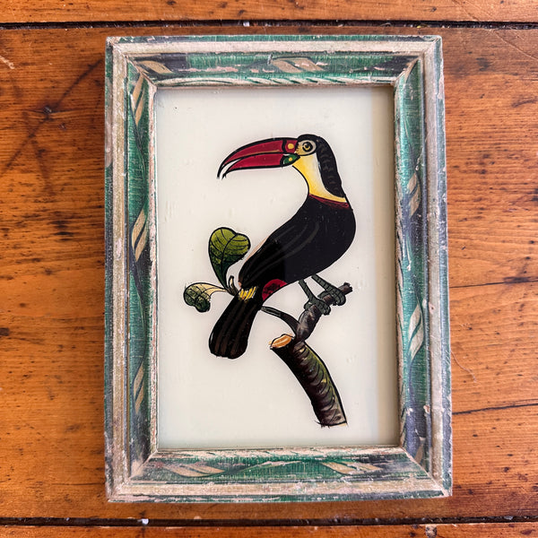Vintage Glass Framed Painting Birds - Toucan Small blue frame