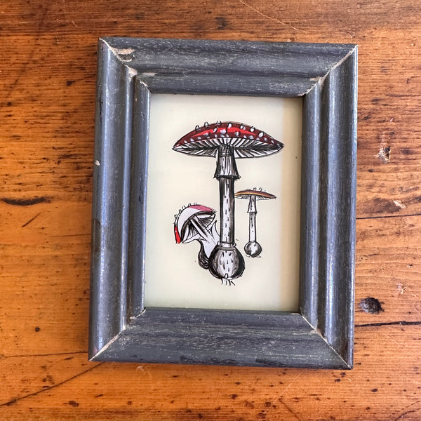 Vintage Glass Framed Painting Plants - Mushroom