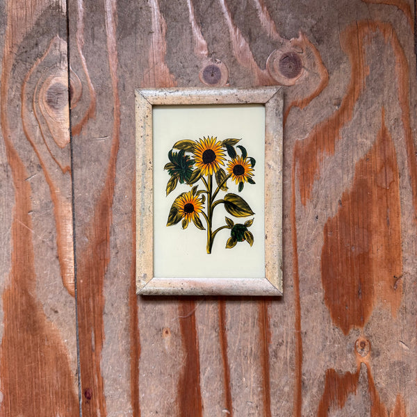 Vintage Glass Framed Painting Plants Medium sunflower