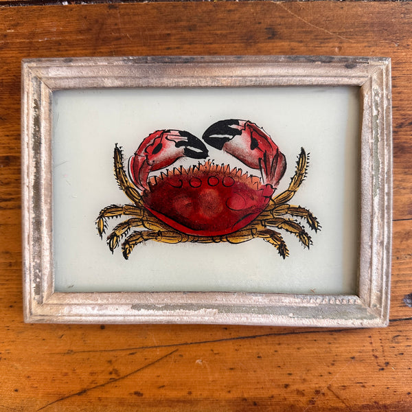 Vintage Glass Framed Painting Sea Animals - Crab small washed pink frame 
