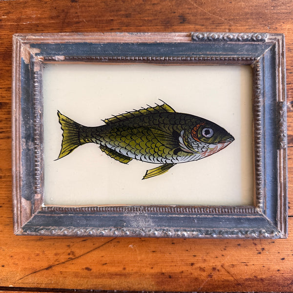 Vintage Glass Framed Painting Sea Animals - Green Fish with blue frame 